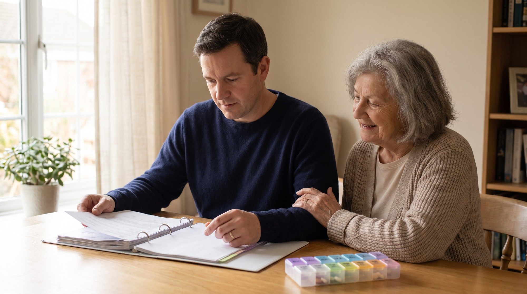 Family member reviewing a nursing home medication administration record in a binder. Illustration for California Nursing Home Medication Error Lawyers.