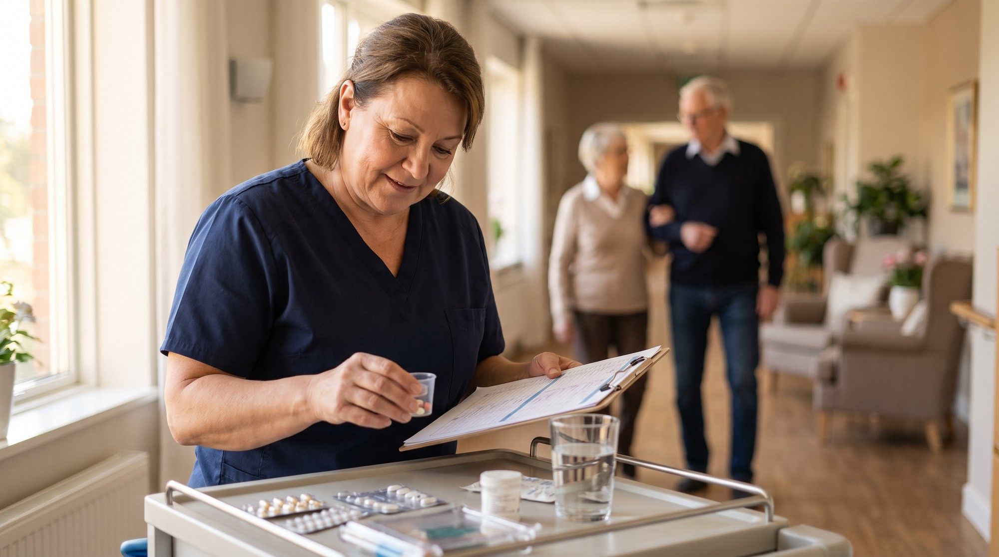 Nurse checking medications at a cart in a nursing home hallway, where medication errors happen. Illustration for California Nursing Home Medication Error Lawyers.