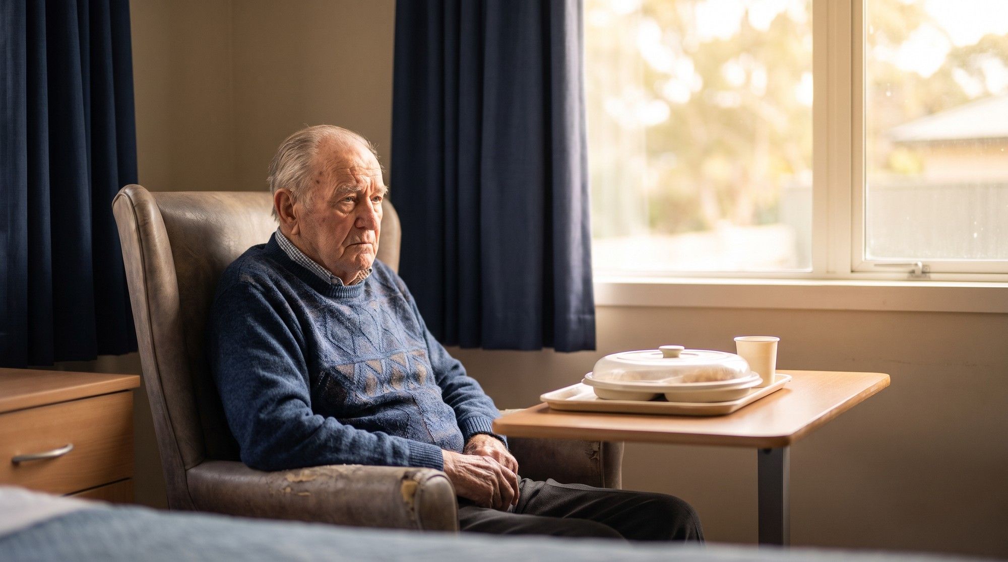 Elderly nursing home resident sitting alone by a window with an untouched meal tray, a sign of neglect. Illustration for California Nursing Home Neglect Attorneys.
