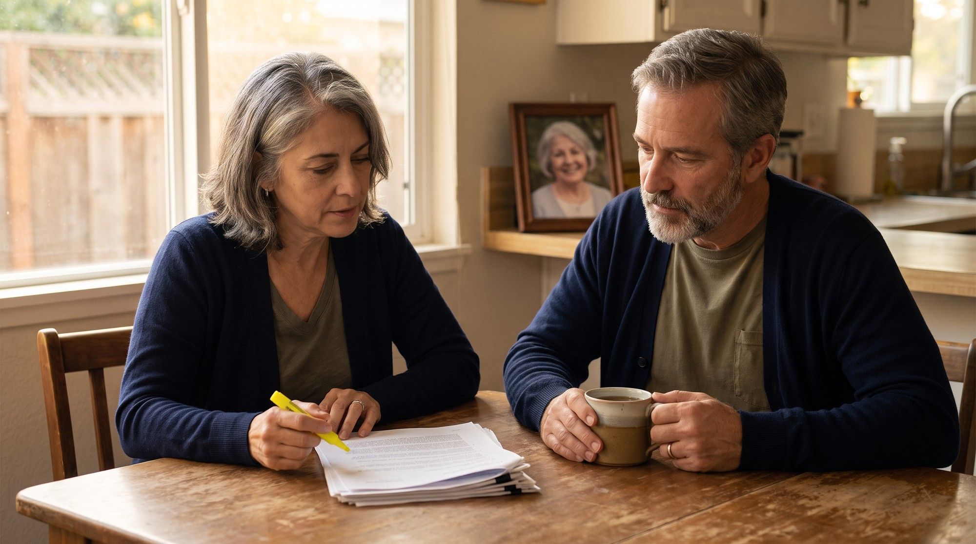 Adult children reading nursing home staffing and care records at home to understand a neglect concern. Illustration for California Nursing Home Neglect Attorneys.