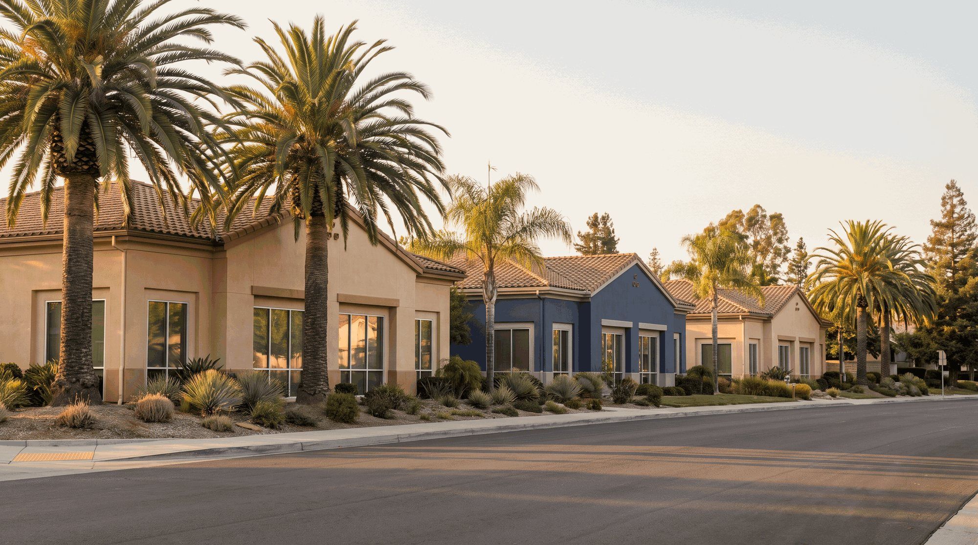 Row of similar California nursing facility buildings suggesting a single operator. Illustration for PACS Group Nursing Homes in California.