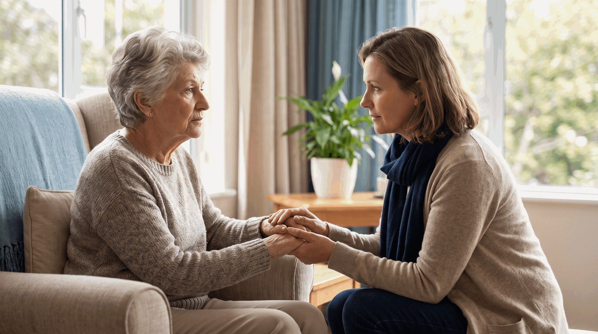 Daughter listening closely to her elderly mother in a nursing home room, concern about physical abuse. Illustration for California Nursing Home Physical Abuse Lawyers.