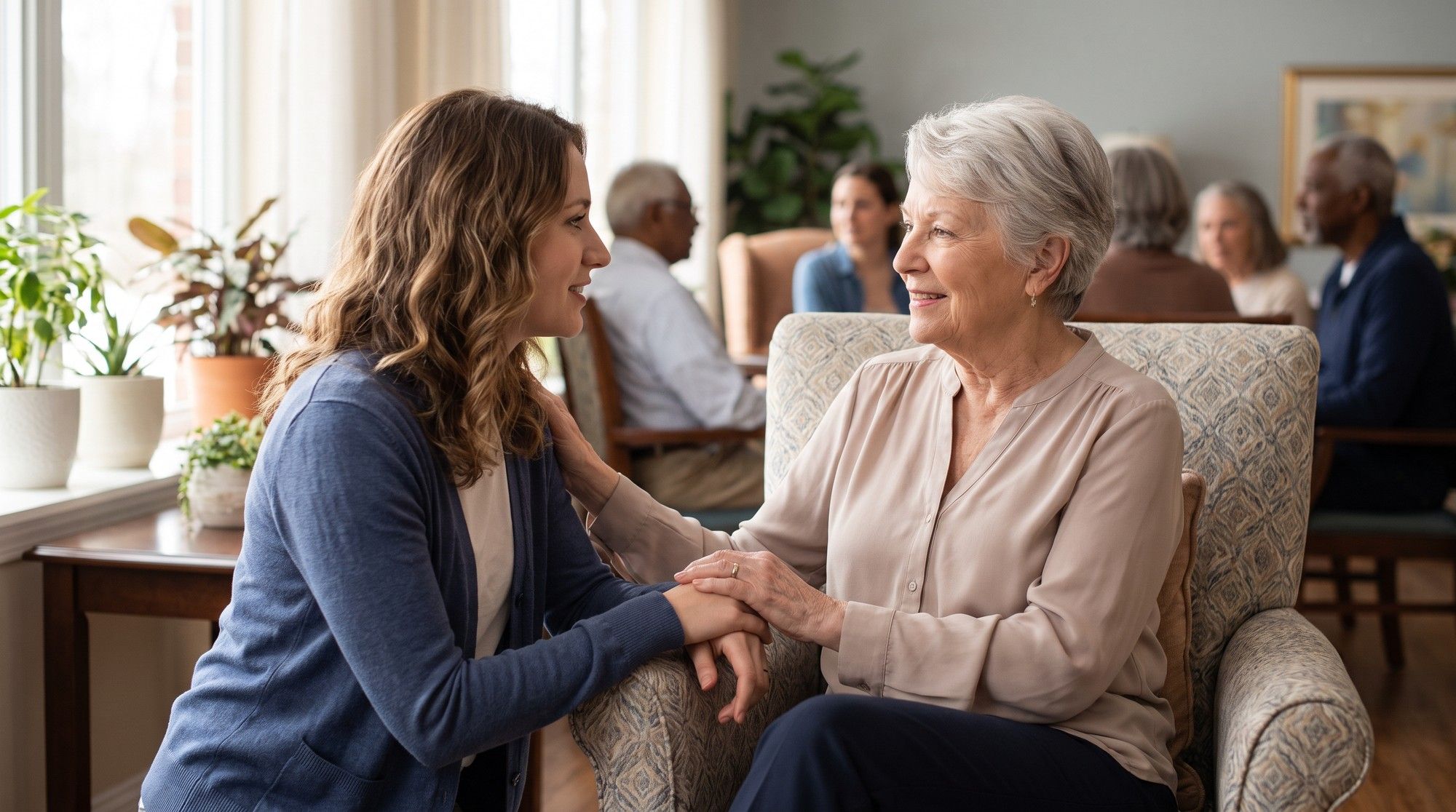Granddaughter visiting and talking with her grandmother in a nursing home lounge. Illustration for California Nursing Home Emotional Abuse Lawyers.