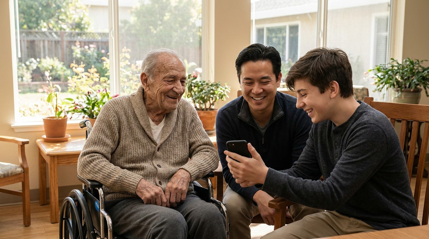 Elderly man in a wheelchair laughing with his son and grandson during a visit in a California nursing home common room. Illustration for California Nursing Home Residents' Rights: What the Law Guarantees Your Loved One.
