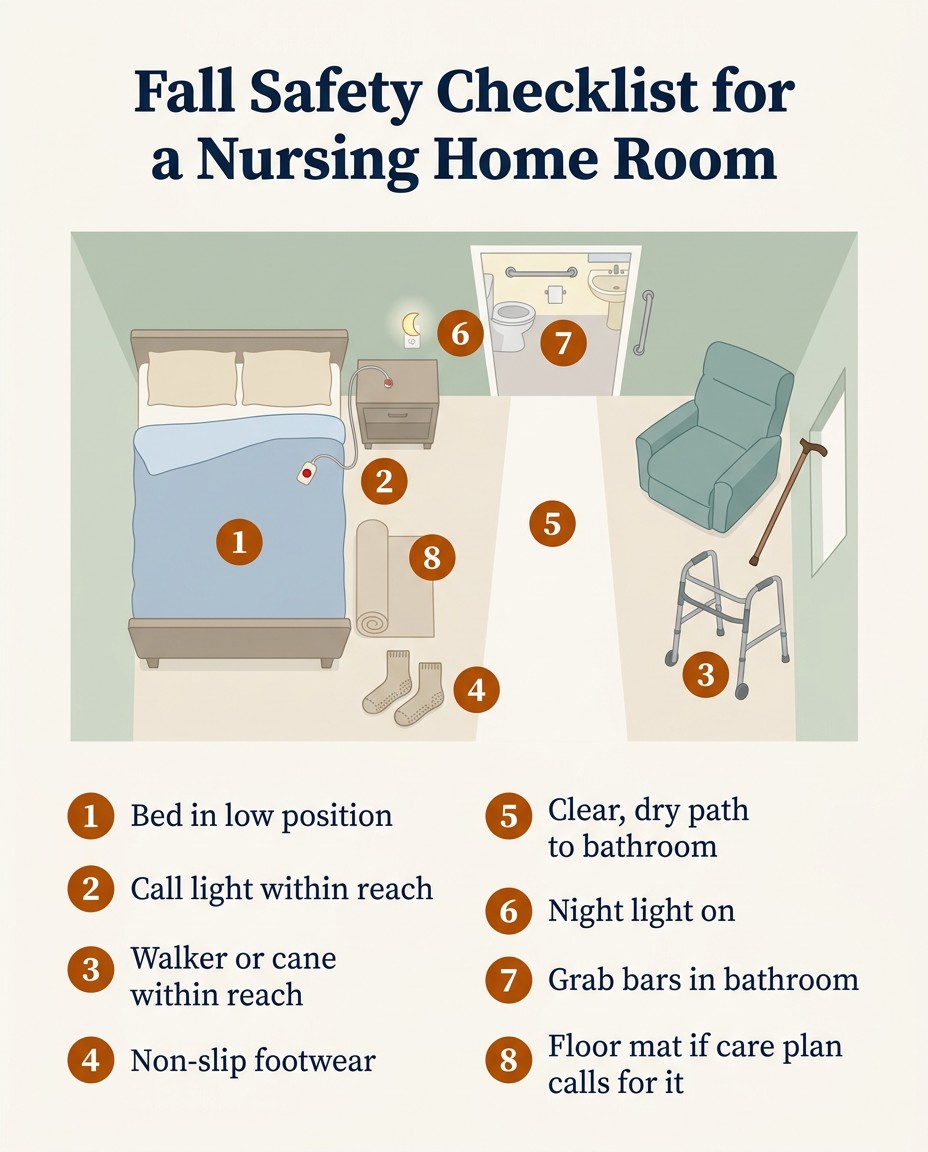 Fall safety checklist infographic for a nursing home room showing a low bed, call light, walker, non-slip socks, clear path, night light, grab bars, and floor mat. Illustration for How California Nursing Homes Must Prevent Falls (and What Families Should Ask).