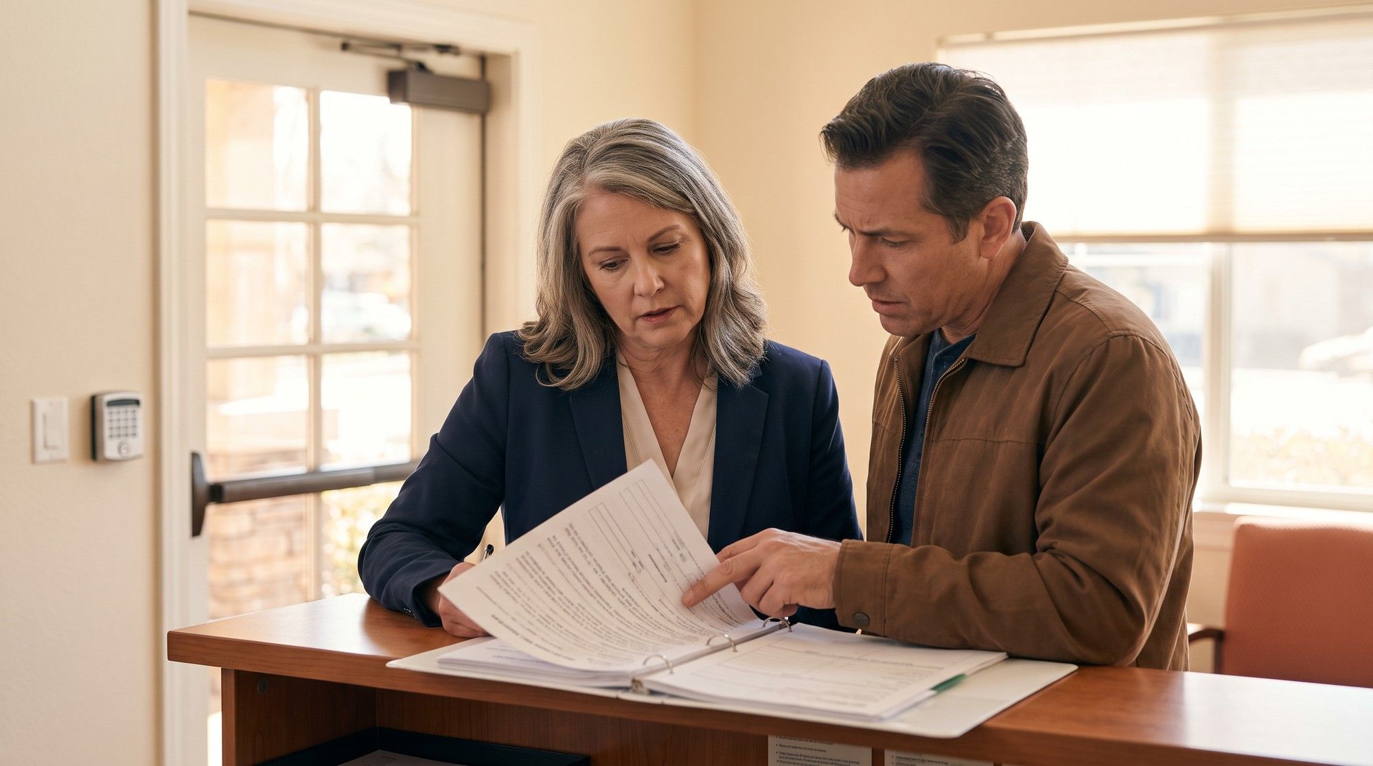 Administrator reviewing a nursing home door alarm log with a resident's son. Illustration for California Nursing Home Elopement Lawyers.