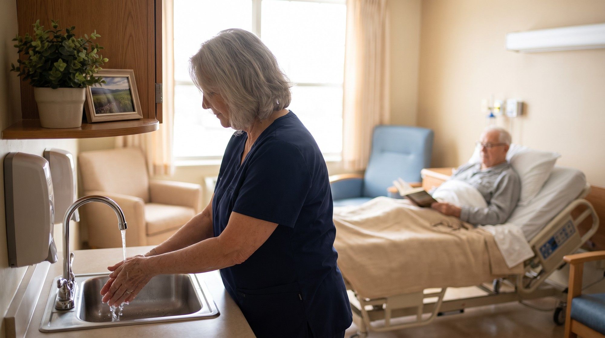 Nurse washing hands in a nursing home room, the infection control that prevents sepsis. Illustration for California Nursing Home Sepsis Lawyers.