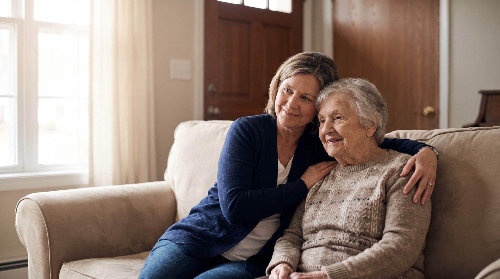 Daughter comforting and protecting her elderly mother in a private nursing home family room. Illustration for California Nursing Home Sexual Abuse Lawyers.