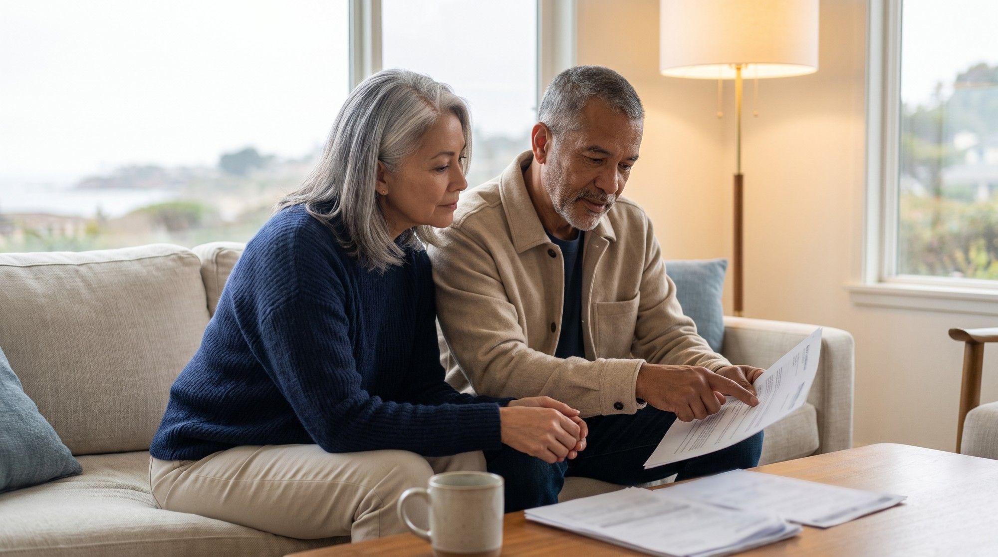 Couple reading a nursing home inspection report together at home. Illustration on the page for Arbor Post Acute in Chico, California.