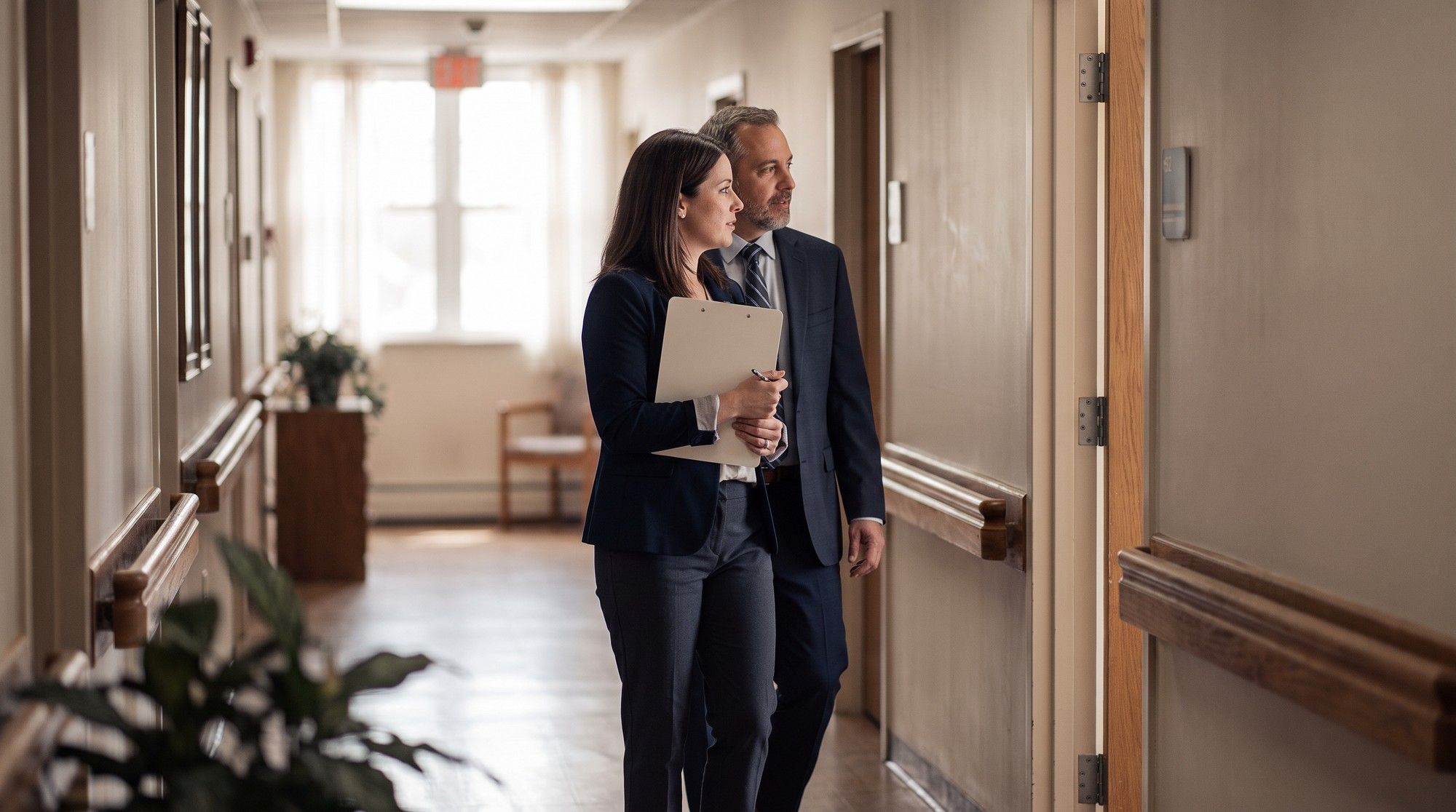 State surveyor inspecting a nursing home hallway with the administrator. Illustration for How California Regulates Its Nursing Homes.