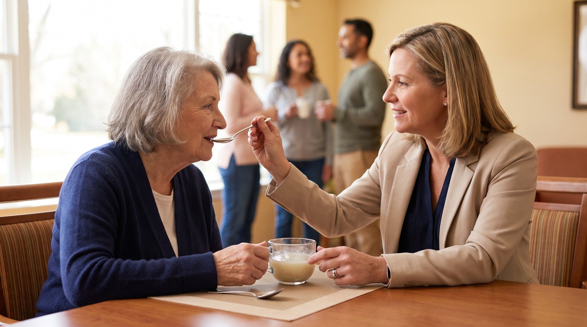 Speech therapist conducting a swallowing evaluation with a nursing home resident. Illustration for California Nursing Home Choking and Aspiration Lawyers.