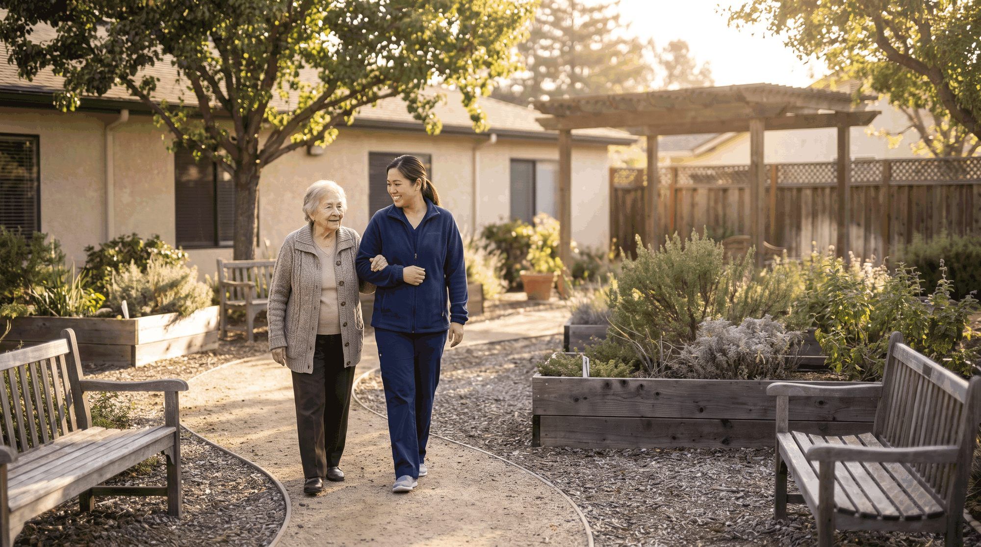 Secured memory care garden with a looping path where residents can walk safely. Illustration for California Nursing Home Elopement Lawyers.