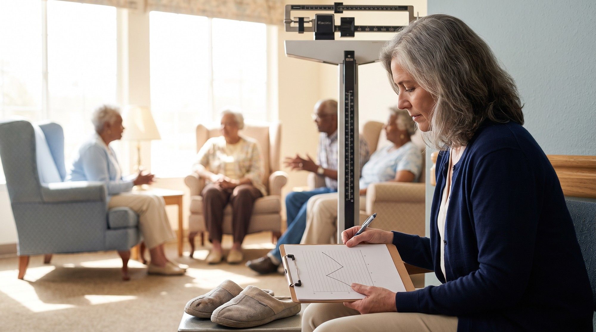 Dietitian reviewing a resident weight chart beside a scale in a nursing home. Illustration for California Nursing Home Dehydration and Malnutrition Lawyers.