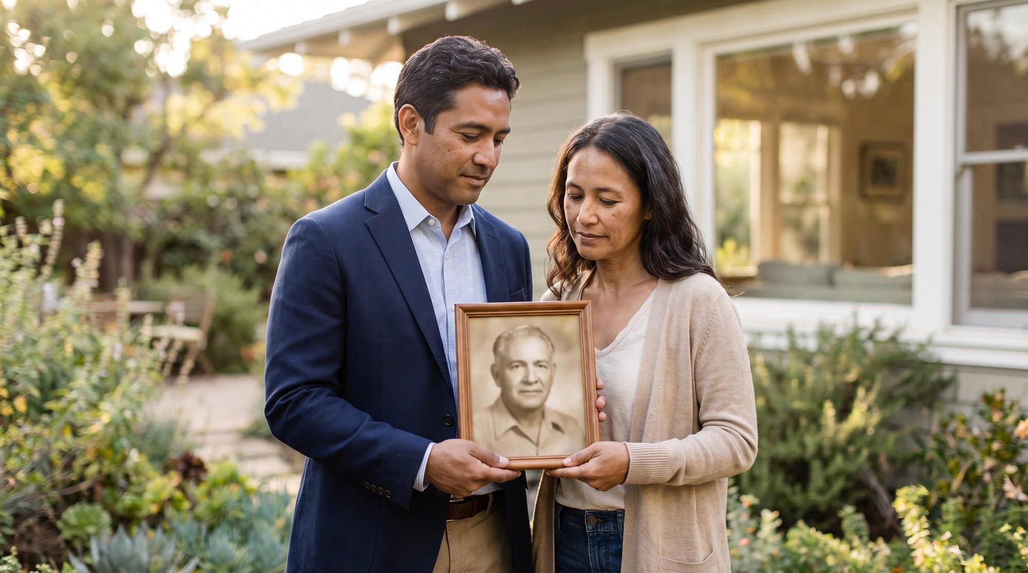 Adult children holding a photograph of their late father after a nursing home wrongful death. Illustration for California Nursing Home Wrongful Death Lawyers.