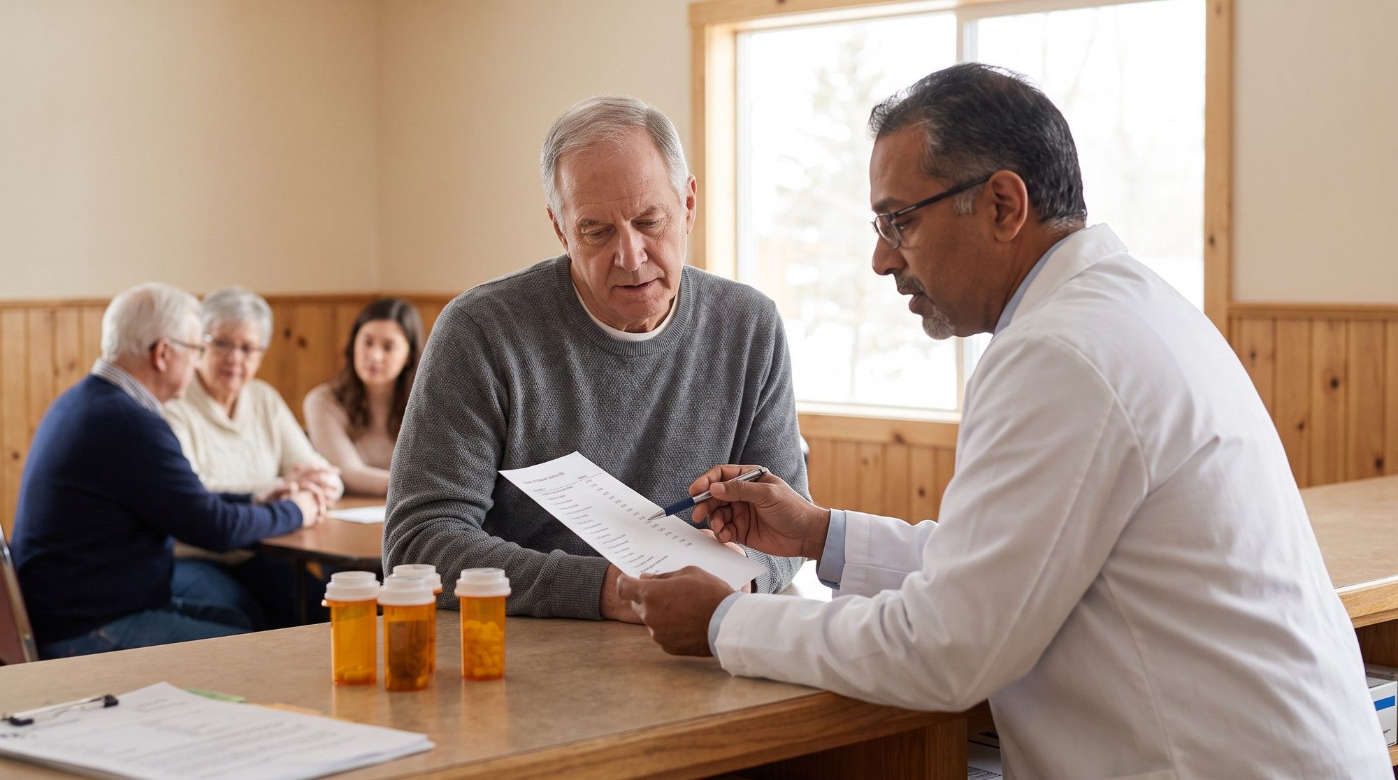 Pharmacist reviewing a nursing home resident's medication list with a family member. Illustration for California Nursing Home Medication Error Lawyers.