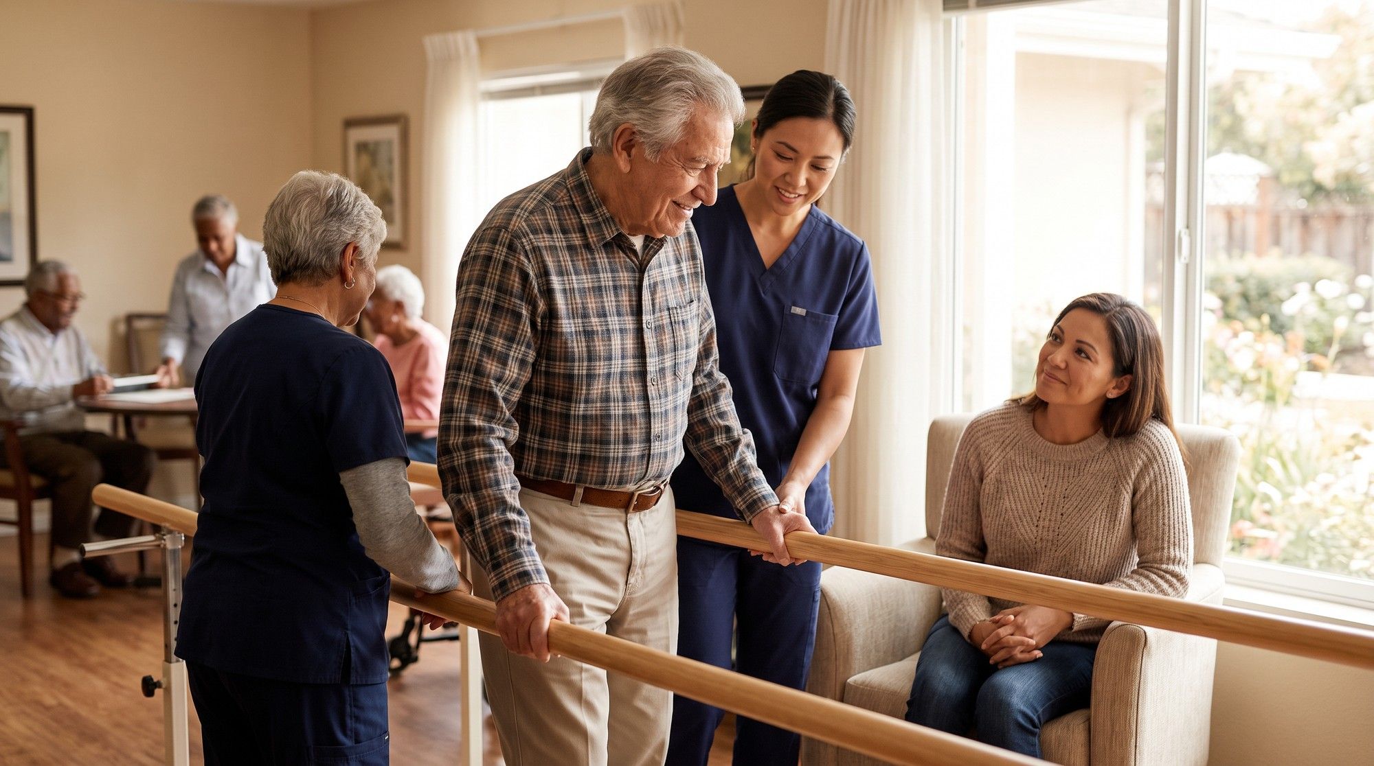 Physical therapist helping an elderly nursing home resident regain strength after a fall. Illustration for California Nursing Home Fall Lawyers.