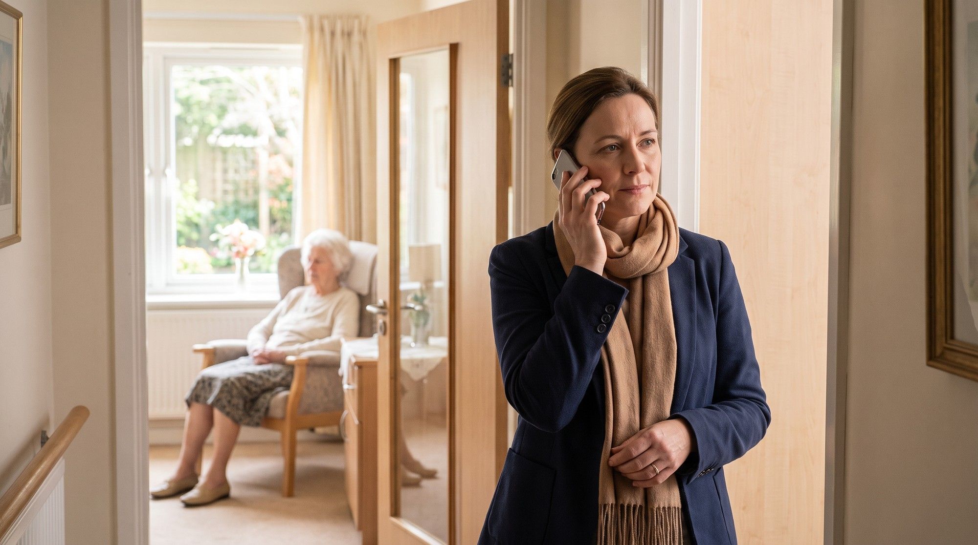 Daughter calling to report nursing home abuse from a facility hallway. Illustration for Report Nursing Home Abuse in Sacramento County.