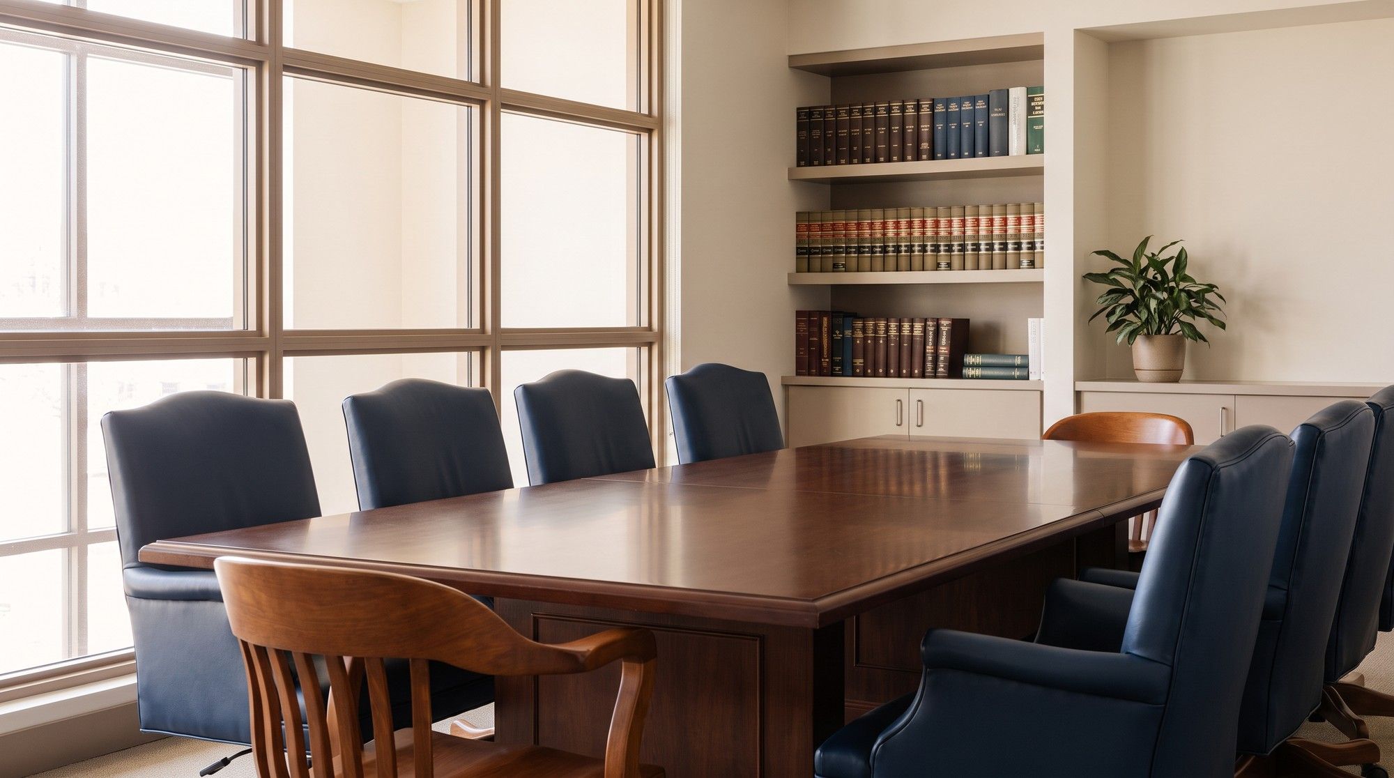 Law office meeting room where families meet with nursing home abuse attorneys. Illustration for About Young & Wallin.