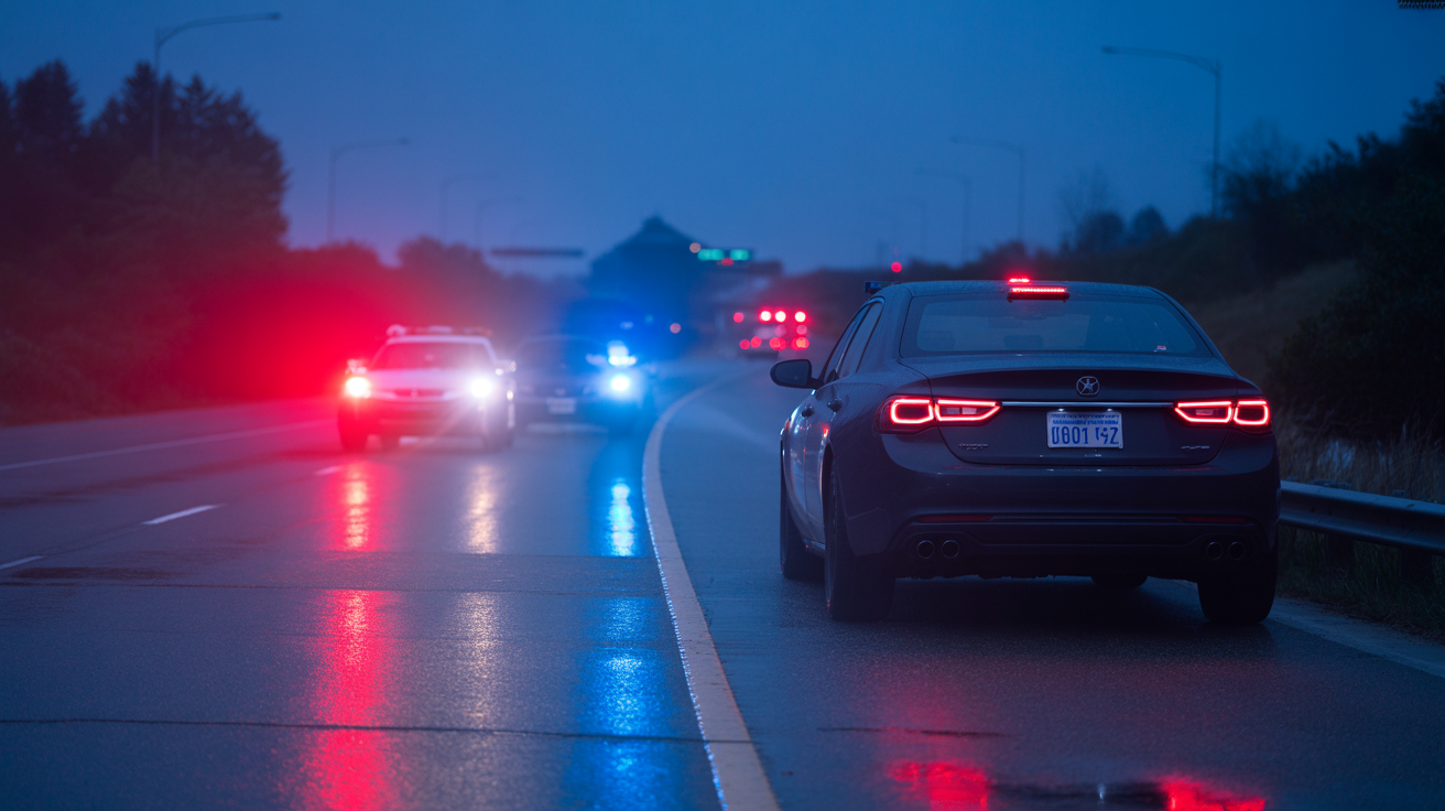 California DUI arrest traffic stop with police lights on highway at night